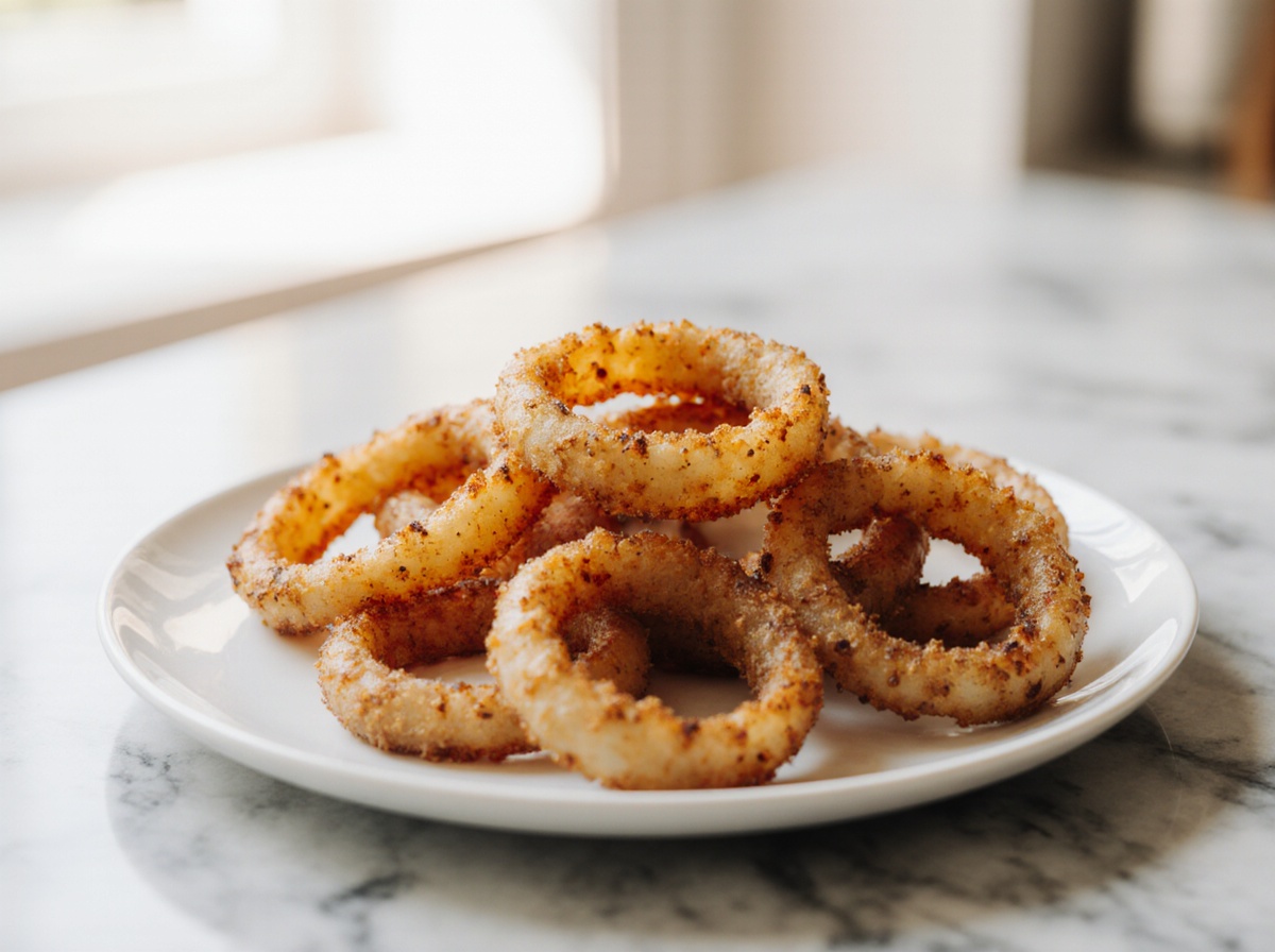 Krosse Zwiebelringe aus der Heißluftfritteuse sind ein knuspriger Snack.