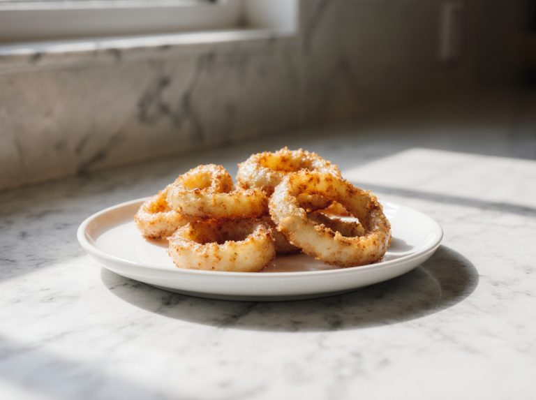 Krosse Zwiebelringe, zubereitet in der Heißluftfritteuse.