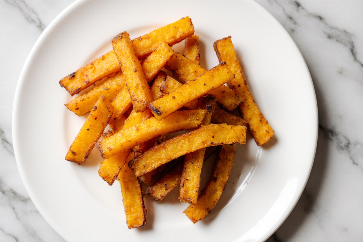 Kürbis Pommes aus der Heißluftfritteuse frisch zubereitet.