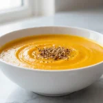 Kürbissuppe aus der Heißluftfritteuse auf einem Teller serviert.