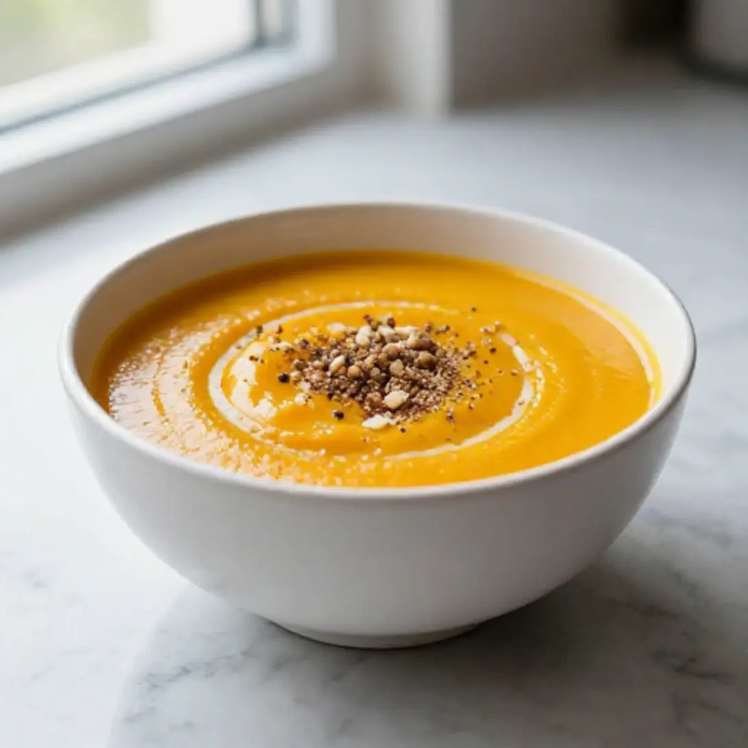 Kürbissuppe aus der Heißluftfritteuse in einer Schüssel mit Kräutern garniert.