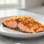 Lachs im Airfryer mit Knusperkruste auf dem Teller serviert.