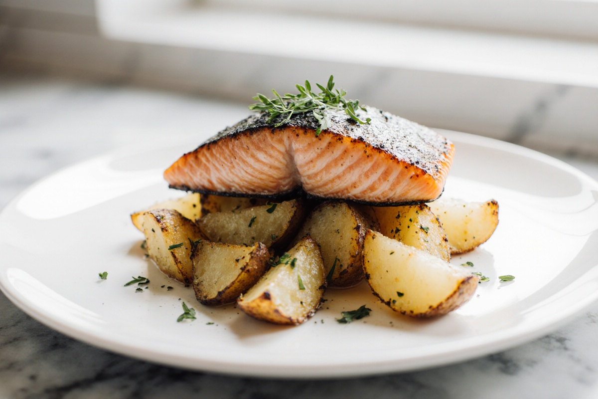 Lachsfilet Kartoffeln in der Heißluftfritteuse zubereitet.