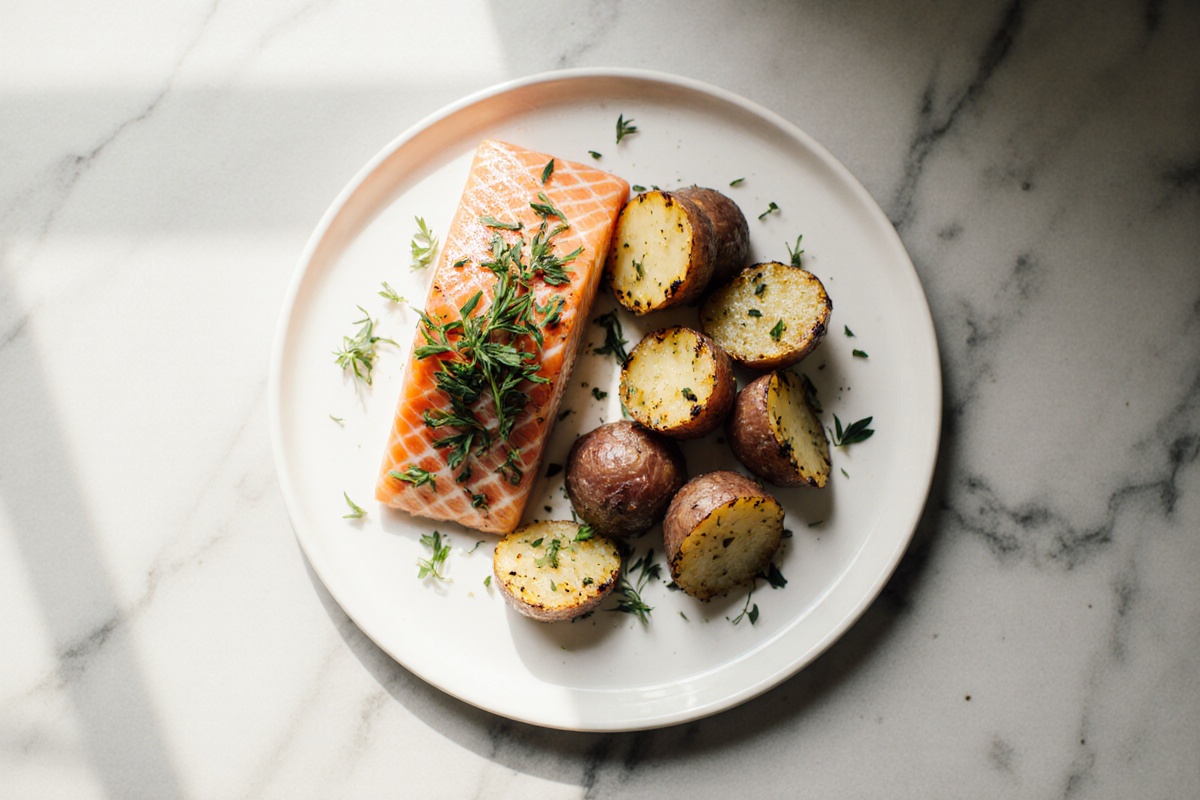Lachsfilet und Kartoffeln in der Heißluftfritteuse zubereitet