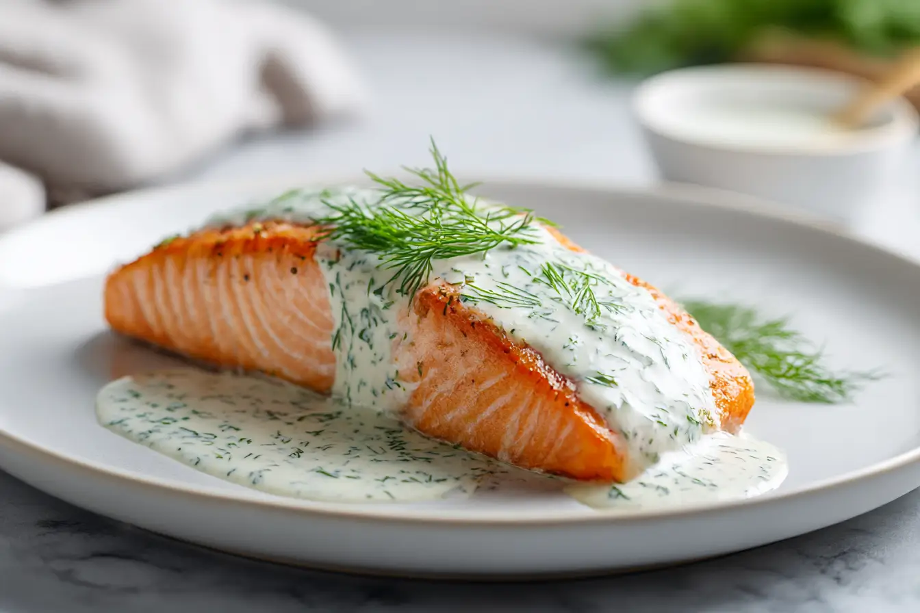 Lachsfilet mit Dillsoße, zubereitet in der Heißluftfritteuse.