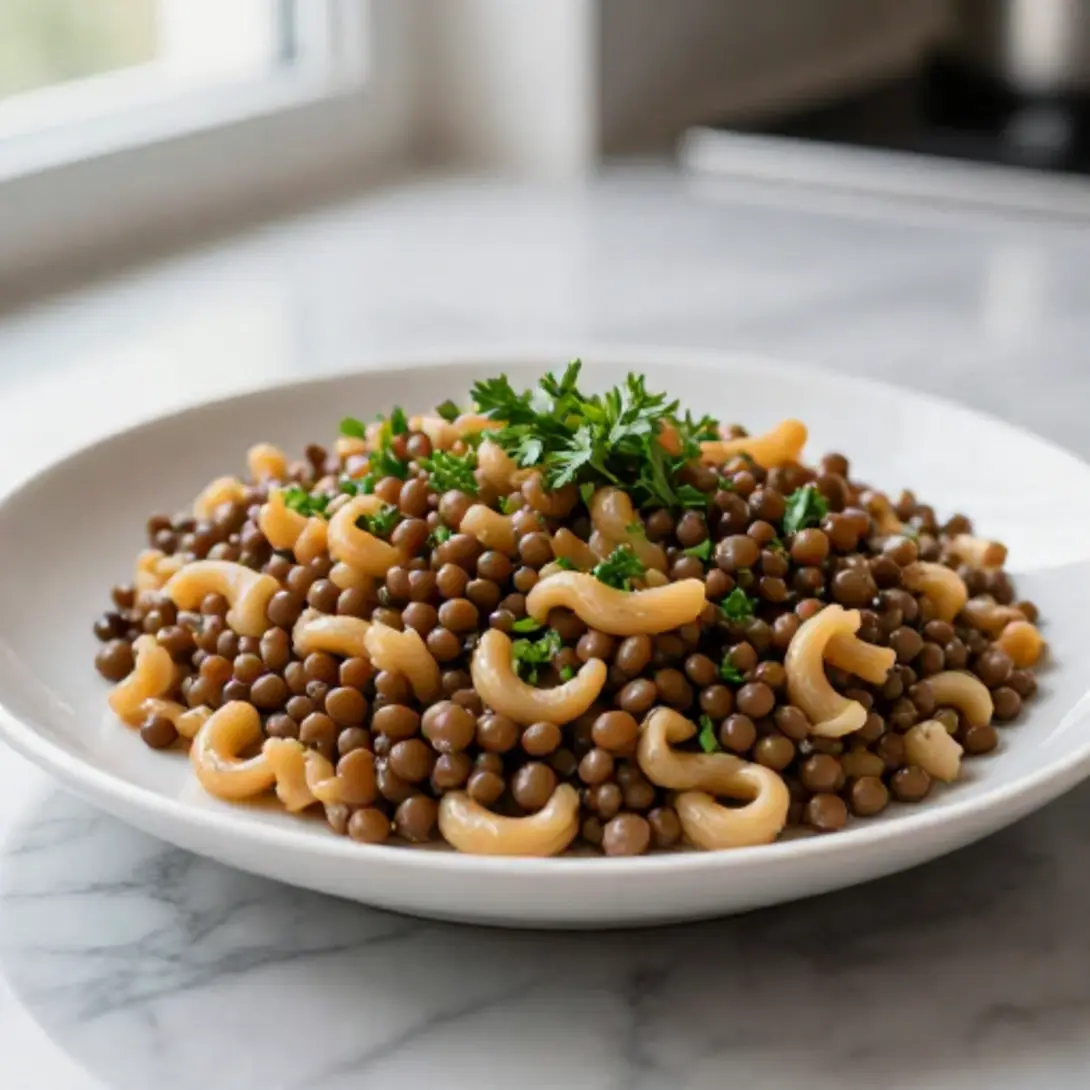 Linsen mit Spätzle aus der Heißluftfritteuse serviert.