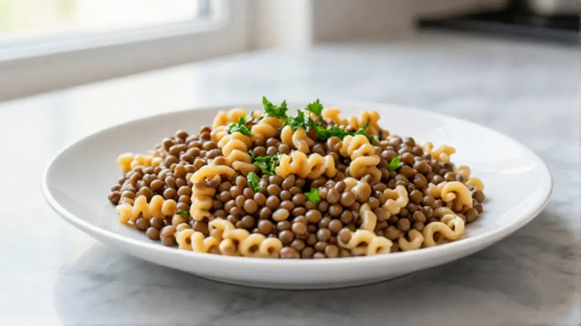 Linsen mit Spätzle aus der Heißluftfritteuse zubereitet.