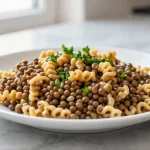 Linsen mit Spätzle aus der Heißluftfritteuse zubereitet.