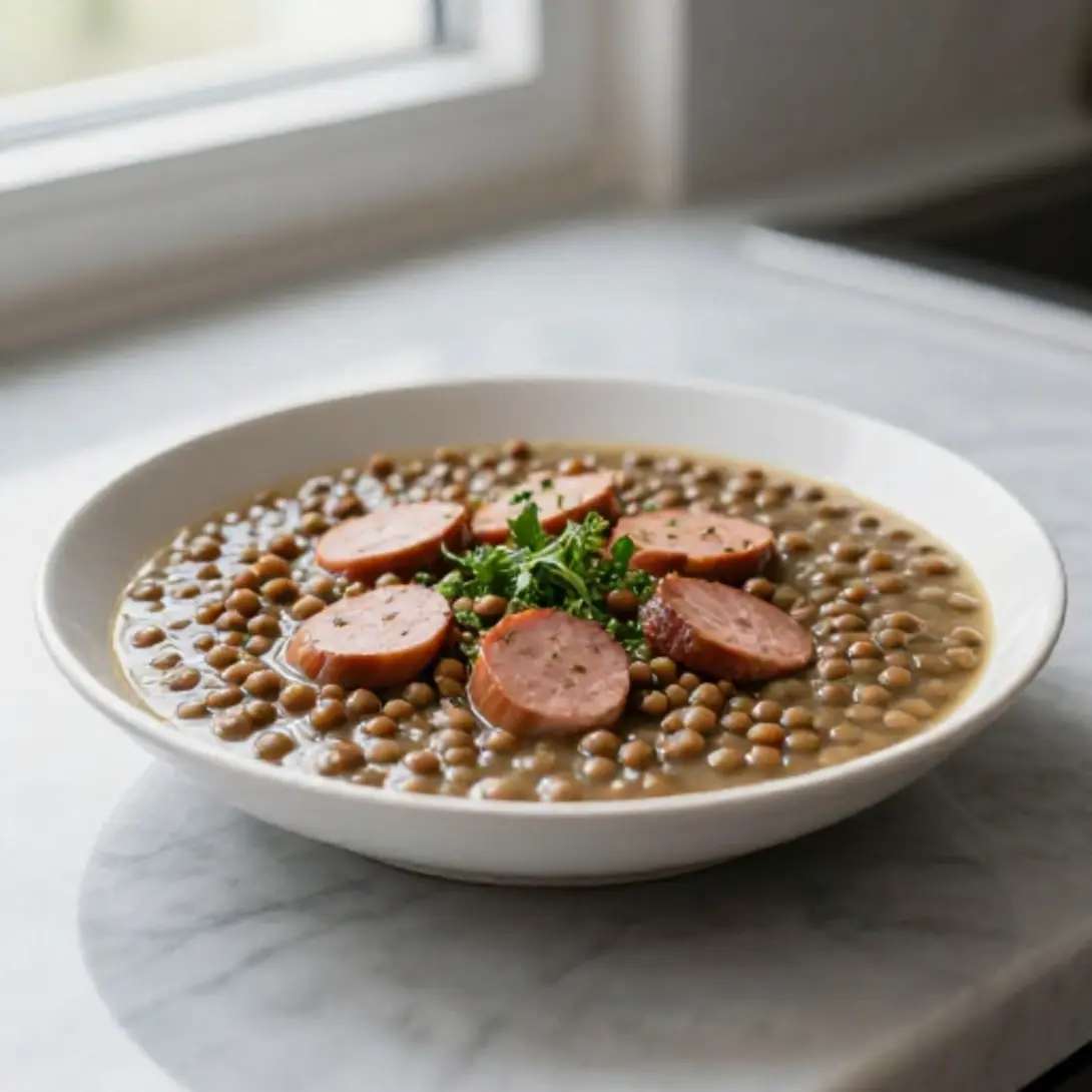 Linsensuppe mit Würstchen aus der Heißluftfritteuse - einfach und schnell zubereitet.