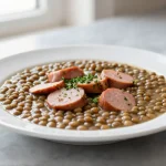 Linsensuppe mit Würstchen aus der Heißluftfritteuse - ein veganes Gericht, das die ganze Familie begeistert.