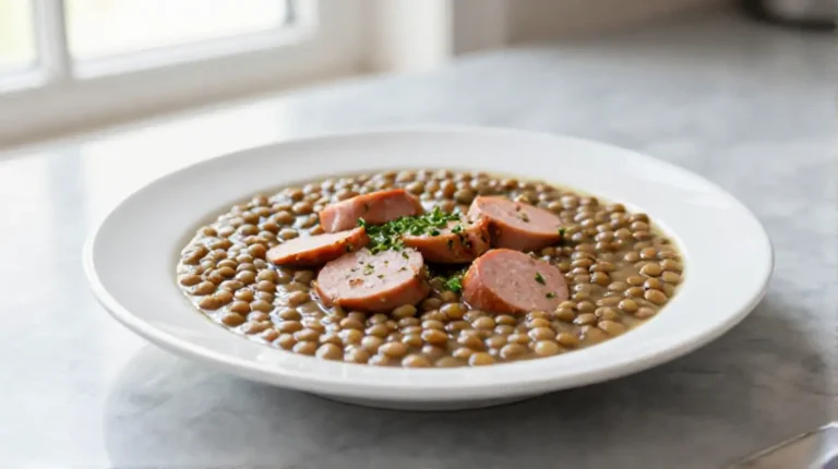 Linsensuppe mit Würstchen aus der Heißluftfritteuse - ein veganes Gericht, das die ganze Familie begeistert.