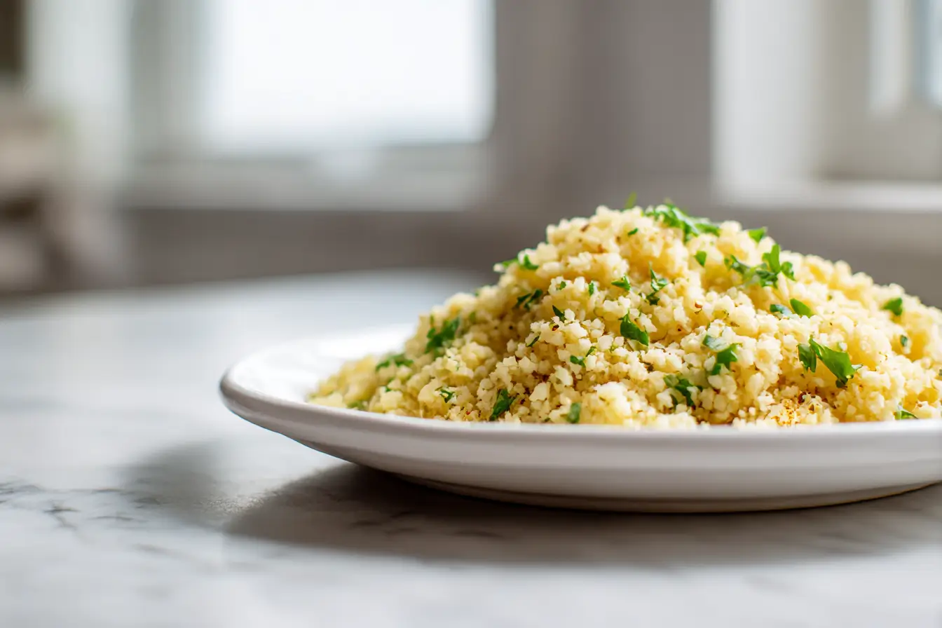 Low-Carb Blumenkohl-Reis zubereitet in der Heißluftfritteuse.