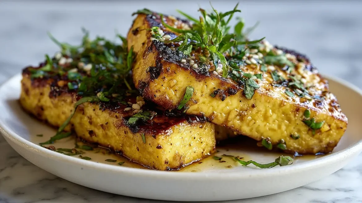 Mariniertes Tofu-Steak im Airfryer Leckeres mariniertes Tofu-Steak im Airfryer zubereitet.
