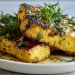 Leckeres mariniertes Tofu-Steak im Airfryer zubereitet.