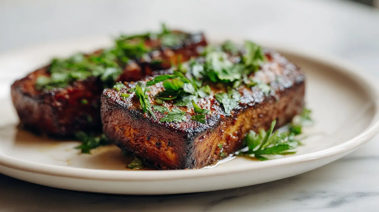 Ein köstliches mariniertes Tofu-Steak, frisch zubereitet in der Heißluftfritteuse.
