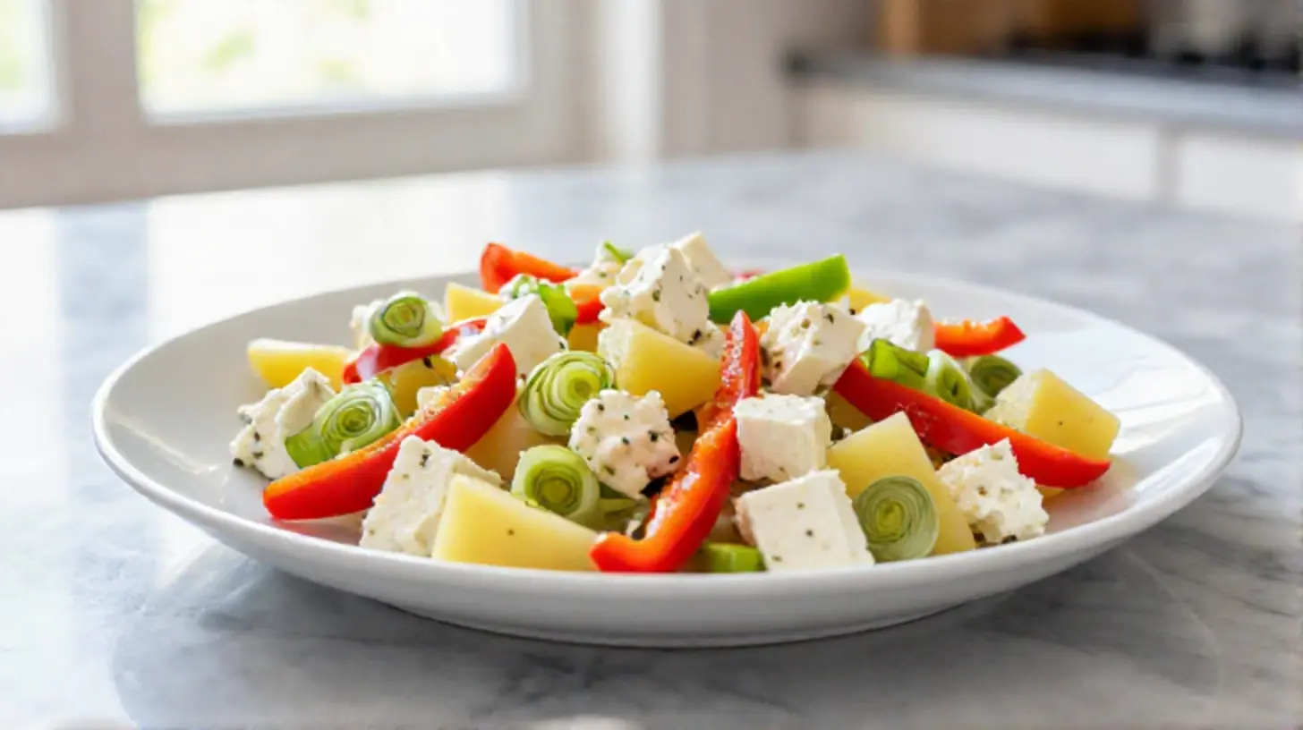Mediterrane Feta-Pfanne aus der Heißluftfritteuse in einer schönen Präsentation.
