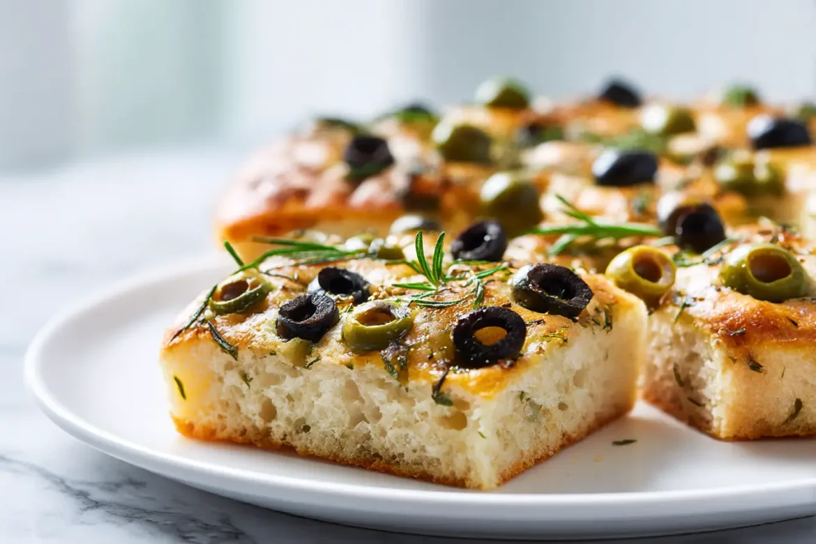 Mediterrane Oliven-Focaccia im Airfryer, frisch gebacken und köstlich.