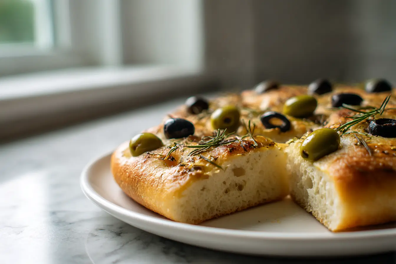 Mediterrane Oliven-Focaccia für leckere Snacks frisch zubereitet.