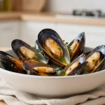 Leckere Miesmuscheln, zubereitet in der Heißluftfritteuse für ein gesundes Gericht.