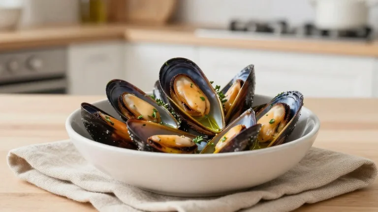 Leckere Miesmuscheln, zubereitet in der Heißluftfritteuse für ein gesundes Gericht.
