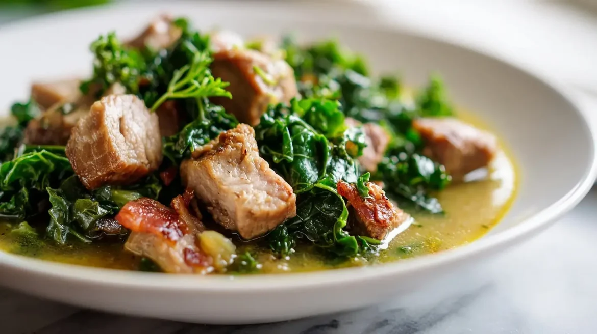 Norddeutscher Grünkohl-Eintopf mit Kassler im Airfryer serviert.