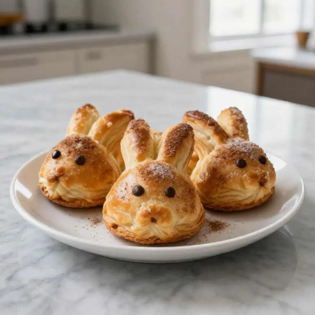 Variationen von Oster-Häschen aus Blätterteig, die im Airfryer zubereitet wurden.