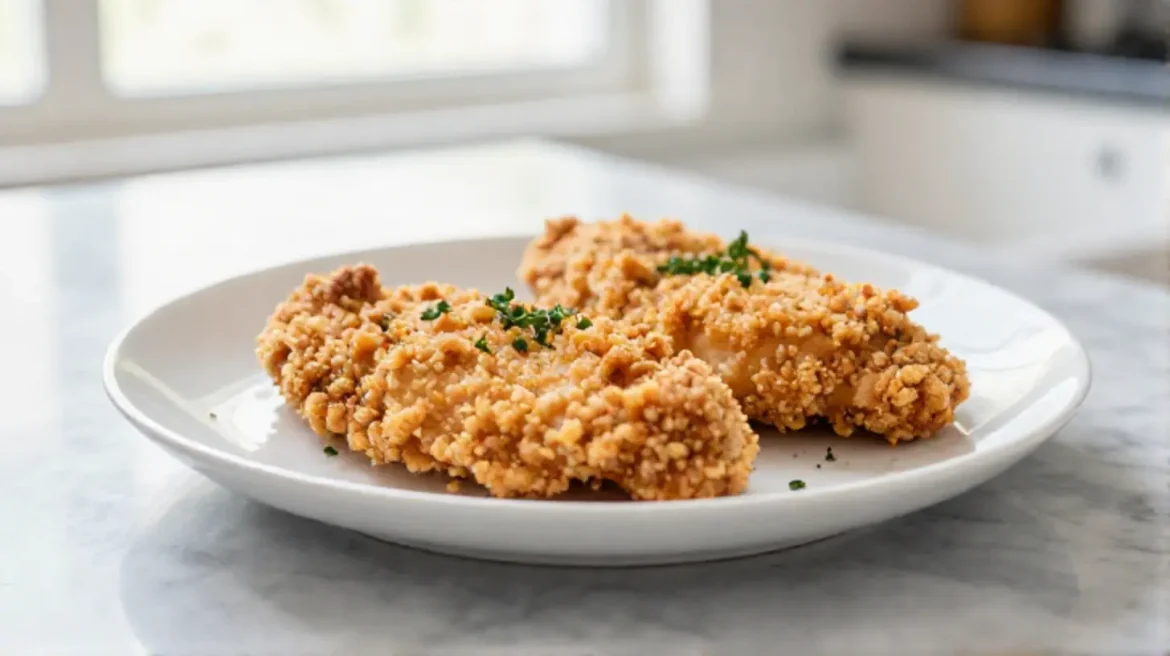 Panierte Hähnchenbrust aus der Heißluftfritteuse in appetitlicher Präsentation.