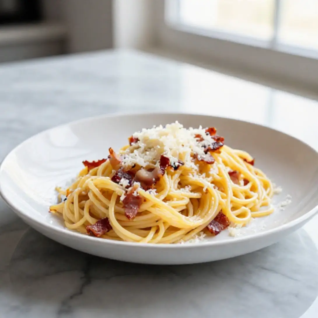 Eine Portion Pasta Carbonara aus dem Airfryer, appetitlich angerichtet