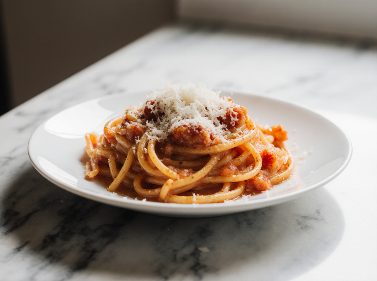 Pasta mit cremiger Tomatensauce aus der Heißluftfritteuse lecker zubereitet.