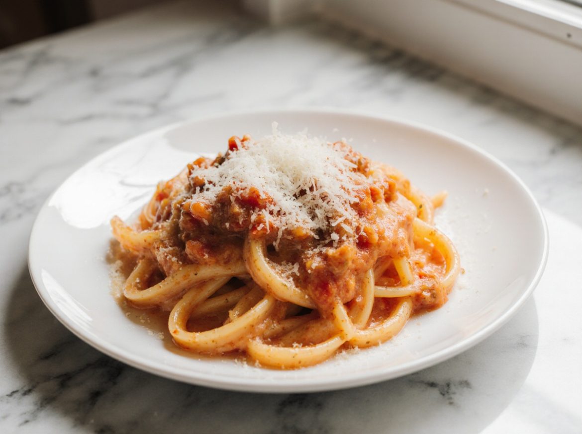 Pasta mit cremiger Tomatensauce aus der Heißluftfritteuse auf einem Teller serviert.