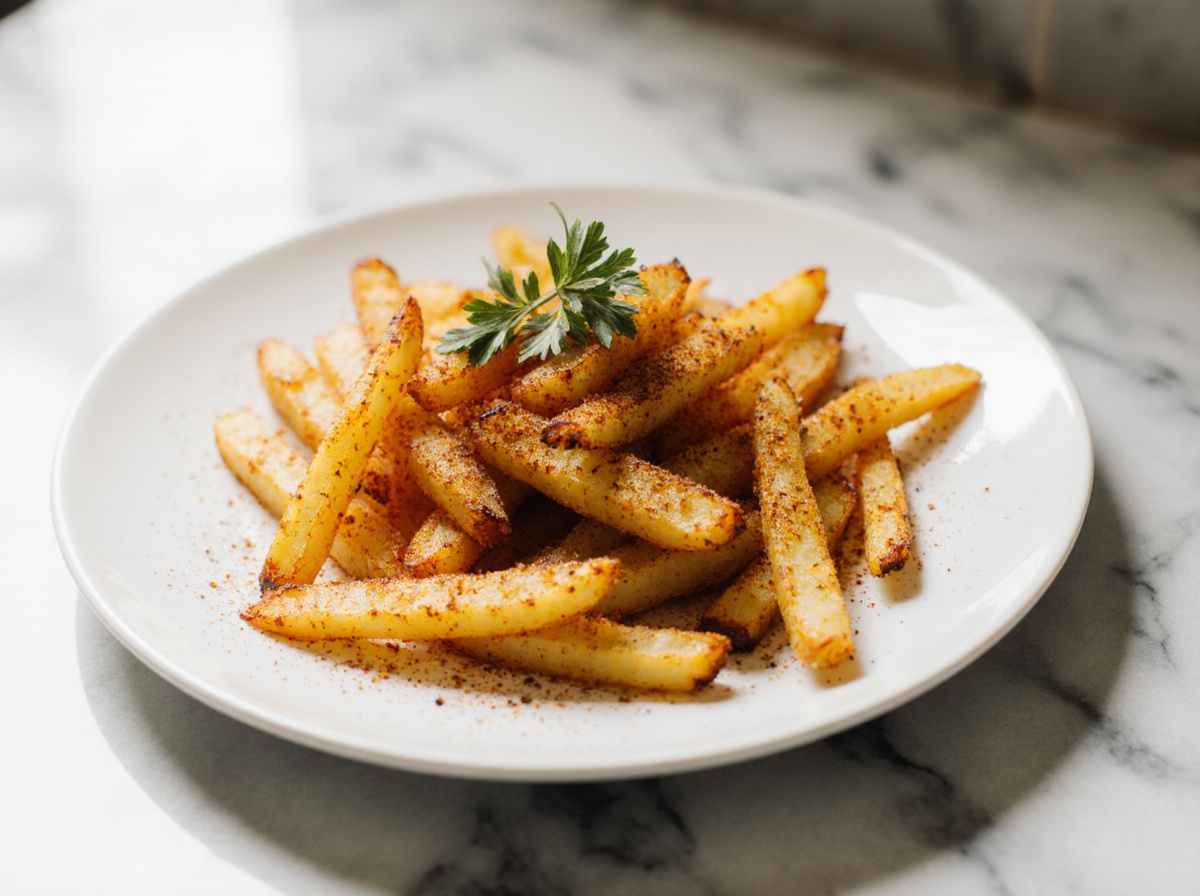 Leckere Pastinaken Pommes aus der Heißluftfritteuse, knackig und goldbraun.