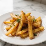 Leckere Pastinaken Pommes aus der Heißluftfritteuse für ein gesundes Gericht.