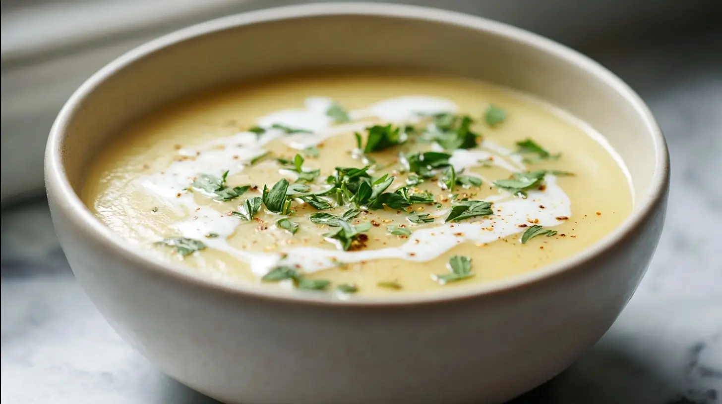 Leckere Pastinakencremesuppe aus der Heißluftfritteuse serviert in einer Schüssel.