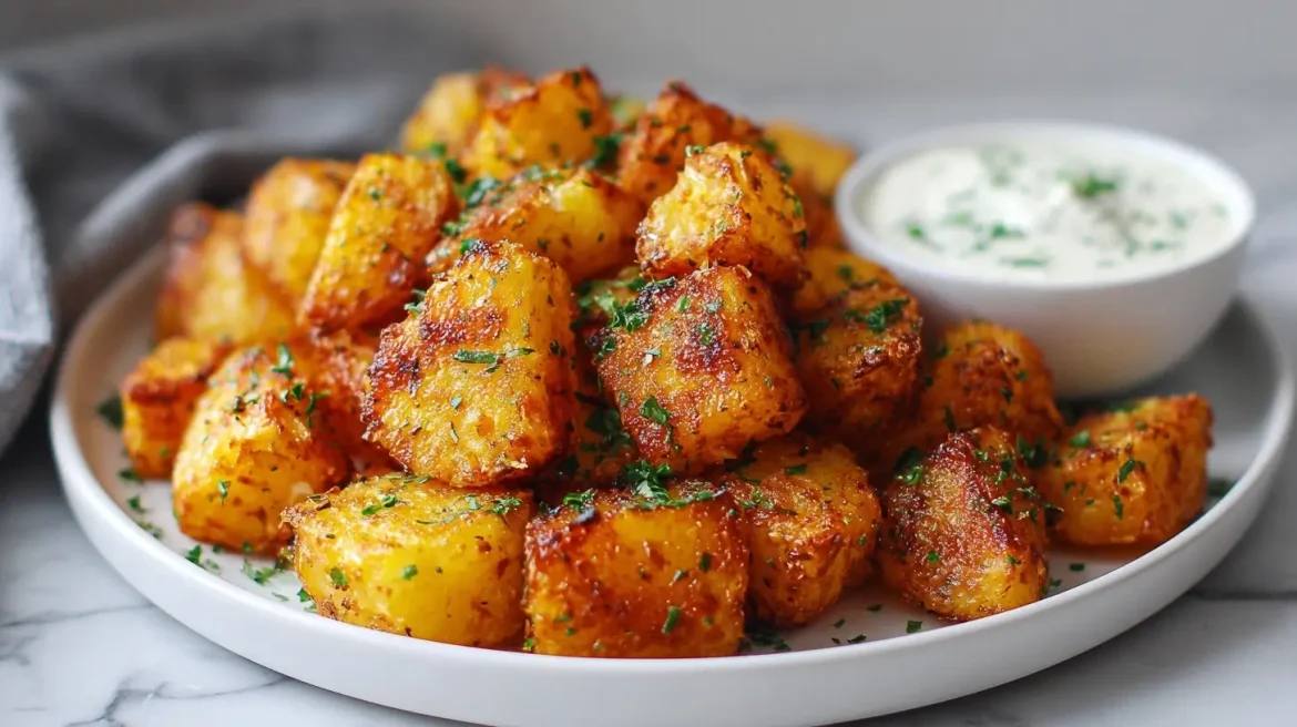 Leckere patatas bravas aus der Airfryer, perfekt knusprig und einfach zubereitet.