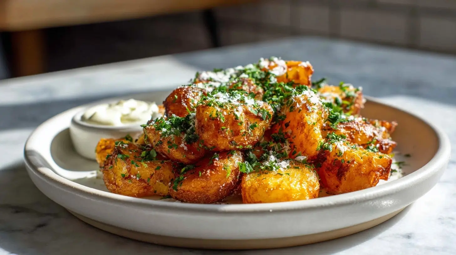 Leckere patatas bravas frisch zubereitet in der Heißluftfritteuse.