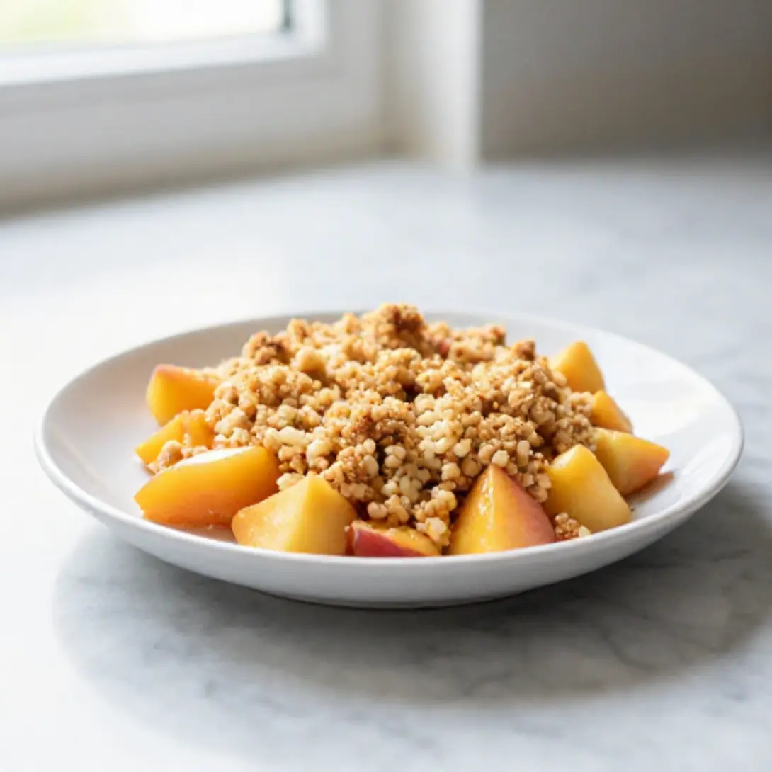 Pfirsich-Crumble im Airfryer, ein traumhaftes Dessert für jede Gelegenheit.