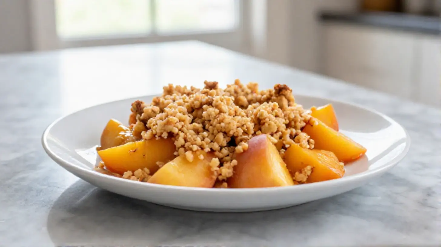 Leckerer Pfirsich-Crumble im Airfryer, ideal für heiße Sommertage.