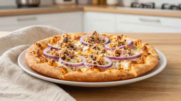Leckere Pizza mit Thunfisch und Zwiebeln, zubereitet in der Heißluftfritteuse.