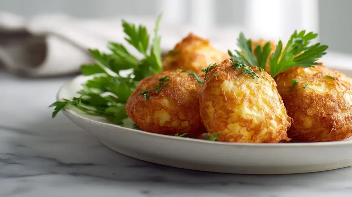 Portugiesische Pastéis de Bacalhau (Kabeljau-Bällchen) frisch zubereitet im Airfryer.