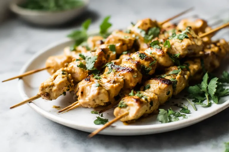Leckere proteinreiche Erdnuss-Hähnchen-Spieße im Airfryer zubereitet.