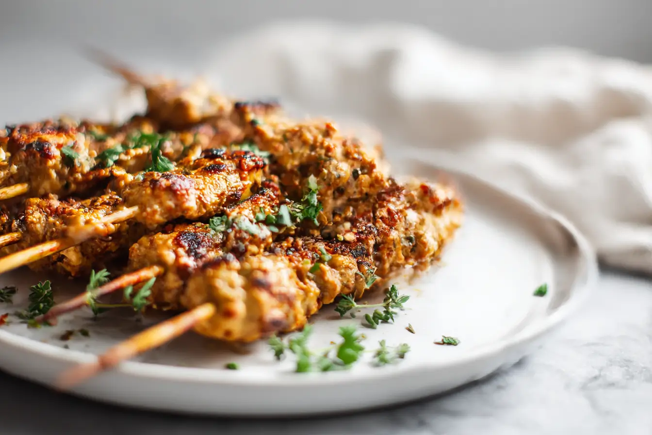 Proteinreiche Erdnuss-Hähnchen-Spieße im Airfryer sind lecker und gesund.