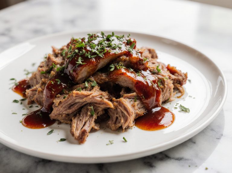 Leckeres Pulled Pork aus der Heißluftfritteuse, perfekt zart und würzig.