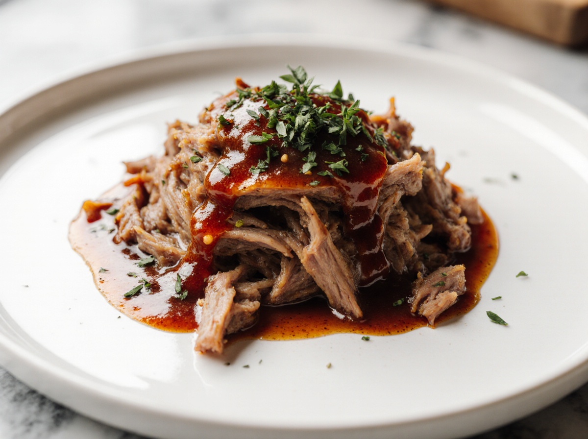 Leckeres Pulled Pork aus der Heißluftfritteuse auf einem Teller serviert.