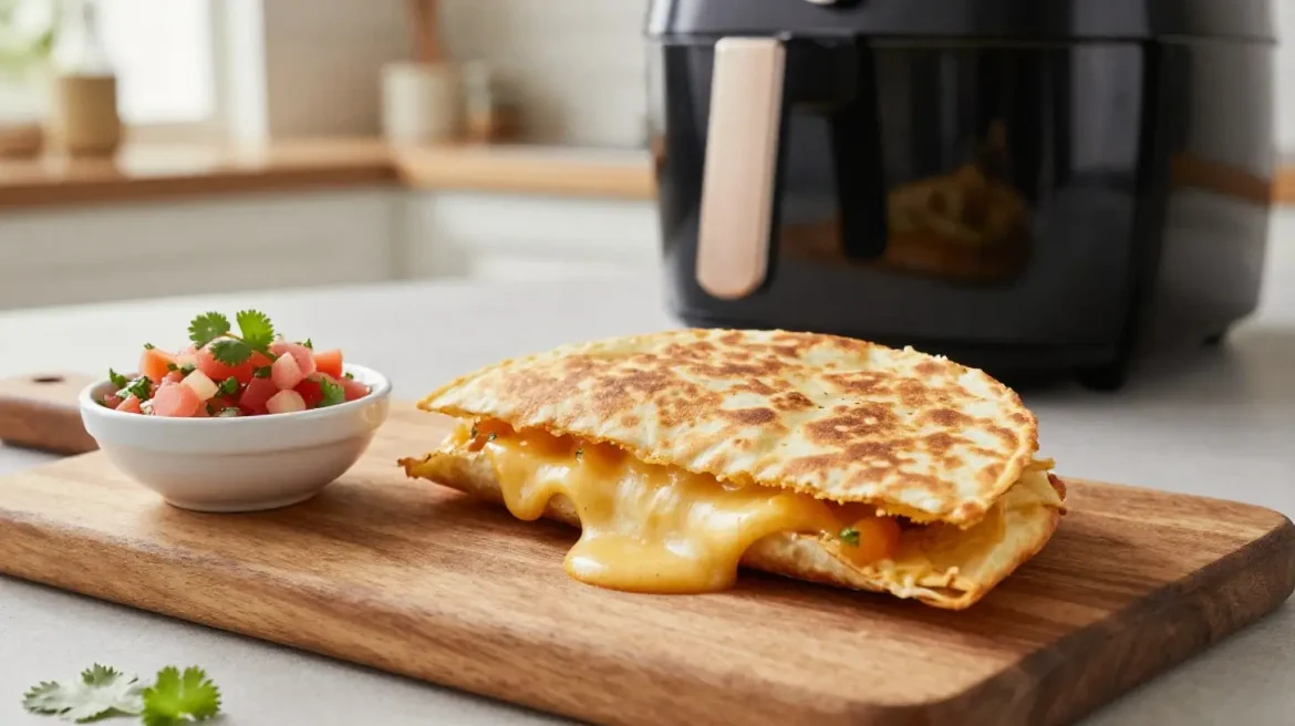 Quesadilla aus der Heißluftfritteuse Leckere Quesadilla aus der Heißluftfritteuse mit geschmolzenem Käse und frischem Gemüse.