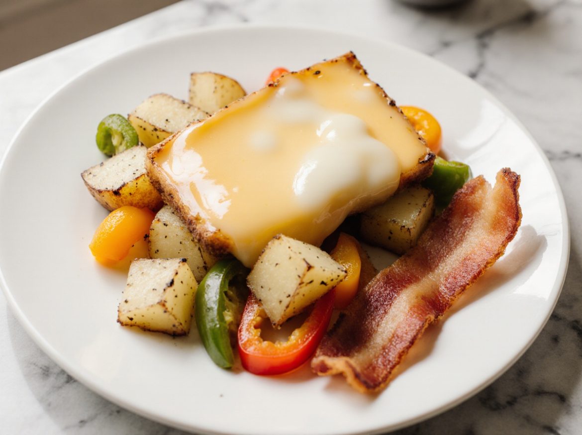 Raclette-Käse im Airfryer zeigt geschmolzenen Käse auf einer leckeren Portion Gemüse.