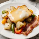 Raclette-Käse im Airfryer zeigt geschmolzenen Käse auf einer leckeren Portion Gemüse.