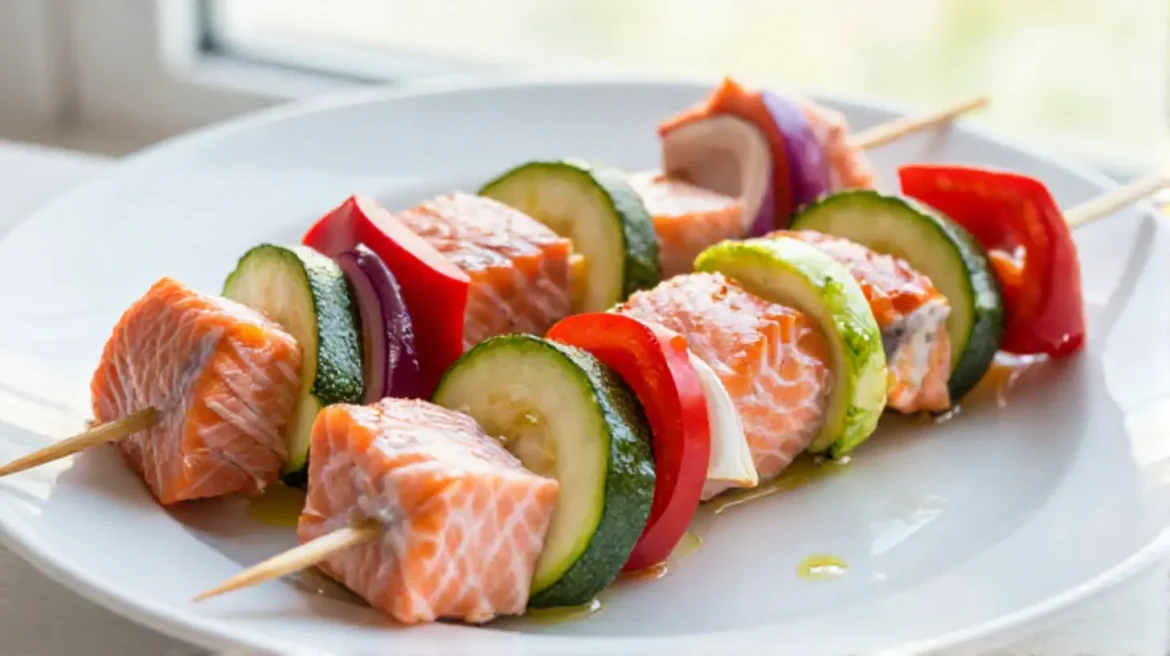 Raffinierte Lachs-Spieße aus der Heißluftfritteuse - perfekt zubereitet.