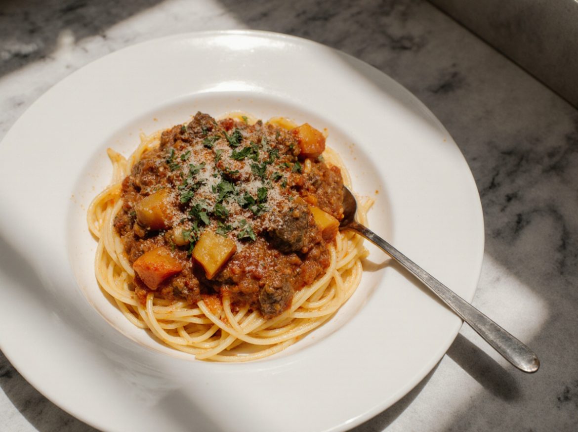 Ragù Bolognese aus der Heißluftfritteuse in leckerer Zubereitung.