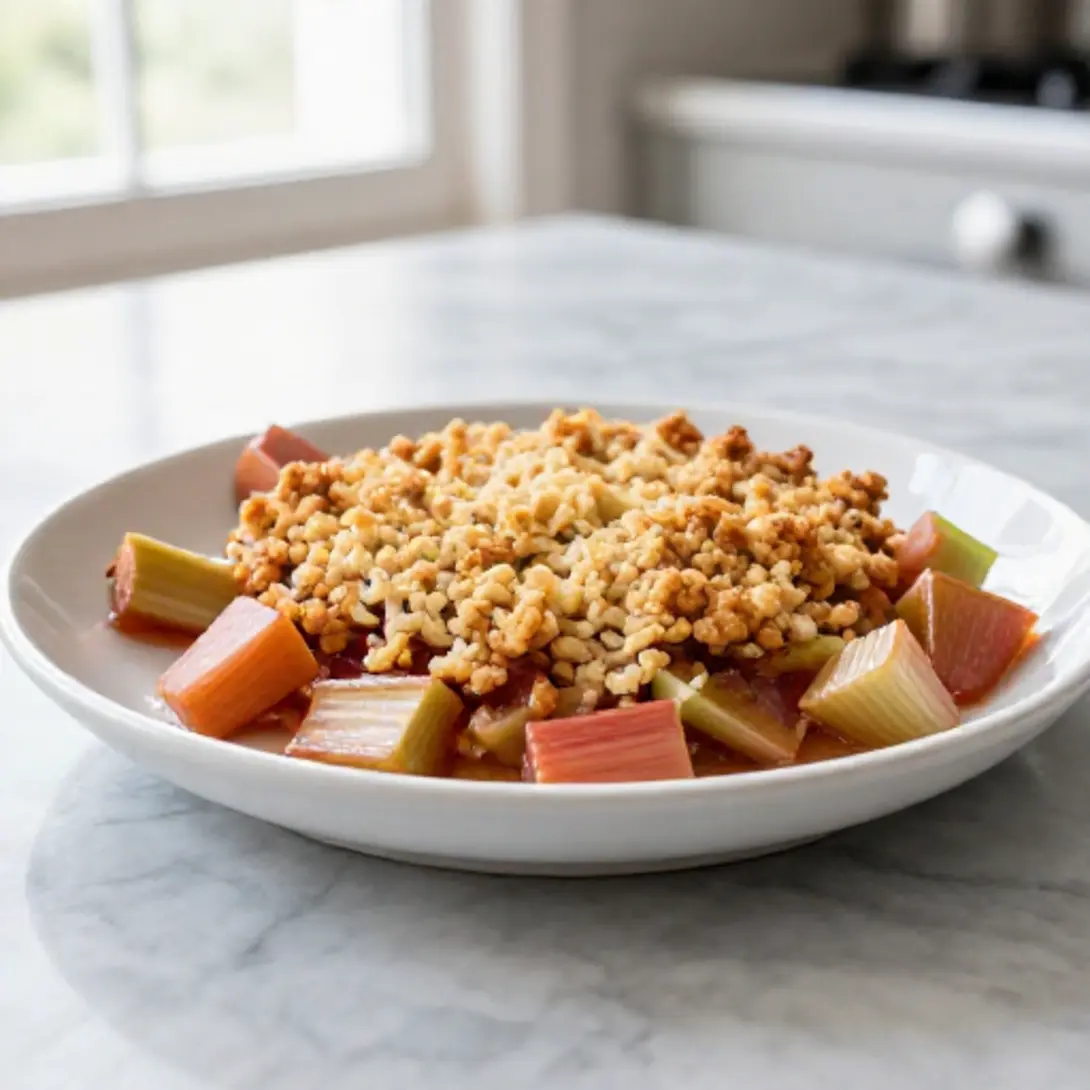 Rhabarber-Crumble in der Heißluftfritteuse – ein fruchtiges Dessert für jede Gelegenheit.