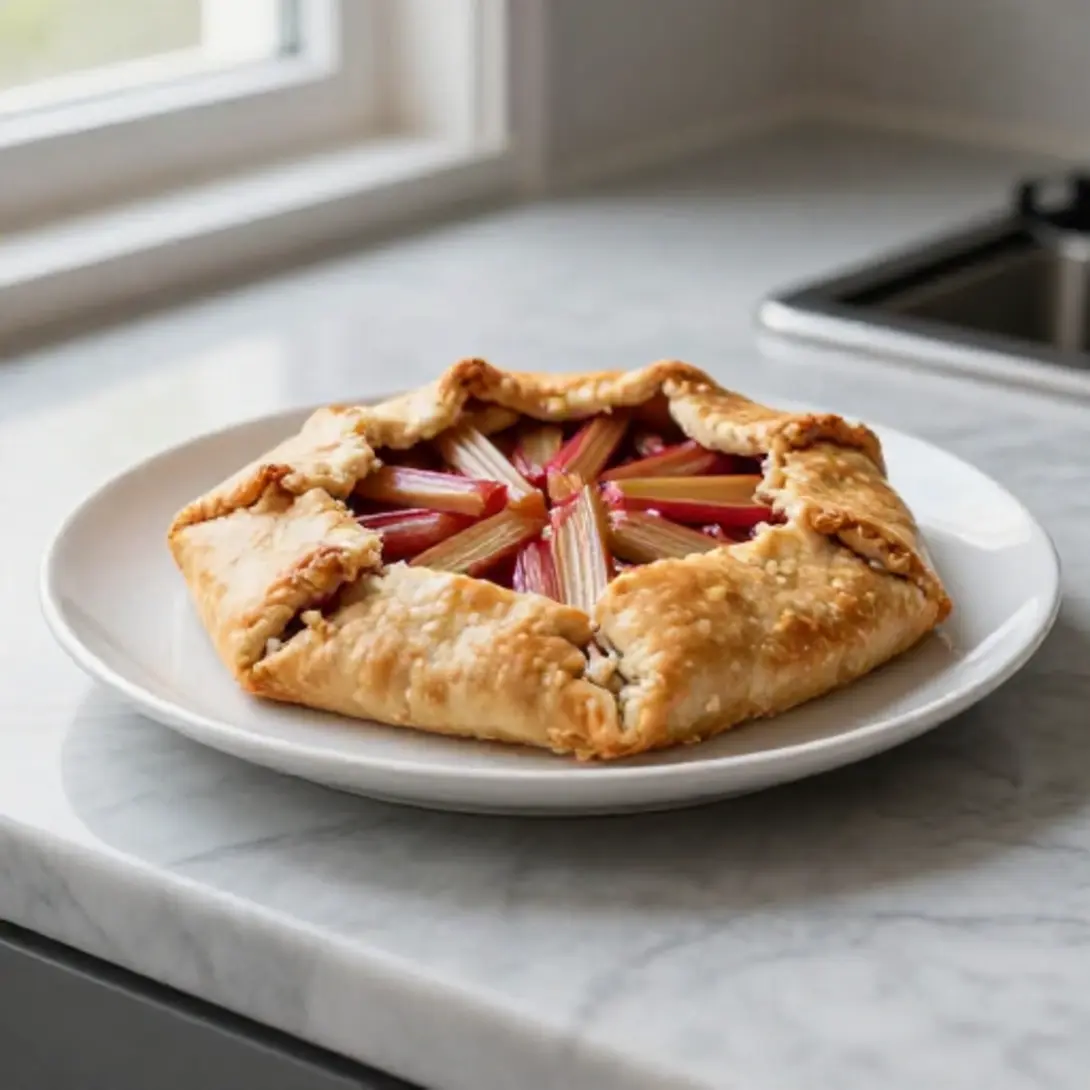 Eine perfekte Rhabarber-Galette aus der Heißluftfritteuse, goldbraun gebacken.